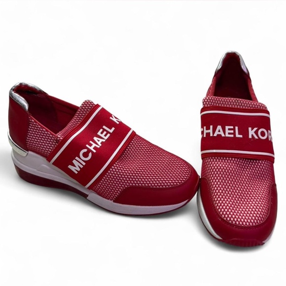 Michael Kors Felix Extreme Red Mesh Trainer Wedge Sneakers - Picture 4 of 6